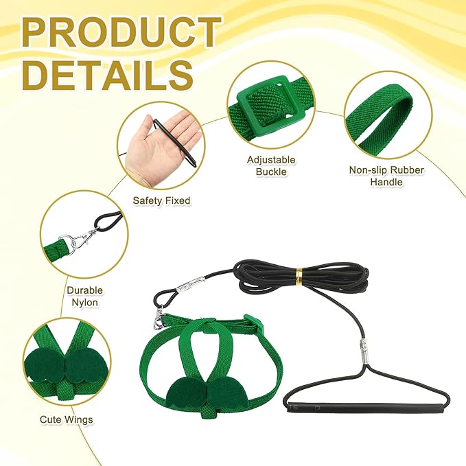 Bird Harness Leash, Adjustable Pet Parrot Bird Harness and Leash Lightweight Anti-Bite Flight Training Rope with Cute Wing, (Green, L), Intended for Parrots/Pigeons/Budgies