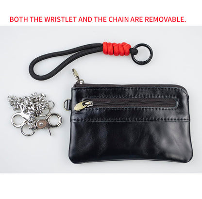 Genuine Leather Coin Purse with Removeable Wallet Chain & Wristlet - 2-Zipper Pocket Keychain Wallet, Small Black Change Purse and Card Holder for Men & Women