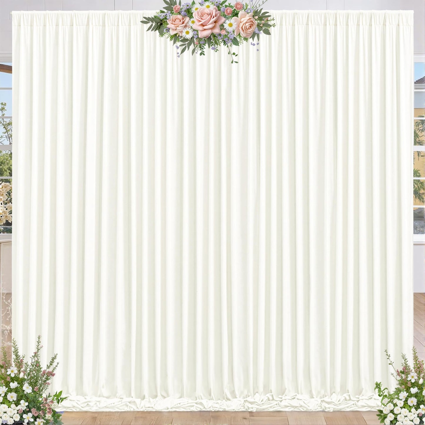 8 x 10ft Ivory Backdrop Curtains for Baby Shower Photo Background Curtains Wrinkle Resistant Backdrop for Party Photoshoot Polyester Curtains Drapes for Wedding Birthday with Rod Pocket, 2 Panels