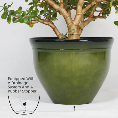 Worth Garden 16-Inch Dia. Round Green Plastic Planters with Drain Holes, 13.5-Inch Height - 2-Pack Glossy Finish Bell-Shaped Plant Pot – Lightweight Indoor/Outdoor Flower Pots