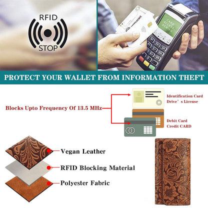 GOIACII Women's Wallet RFID Blocking Long Clutch Ladies Purse Vegan Leather Embossed Flower Brown