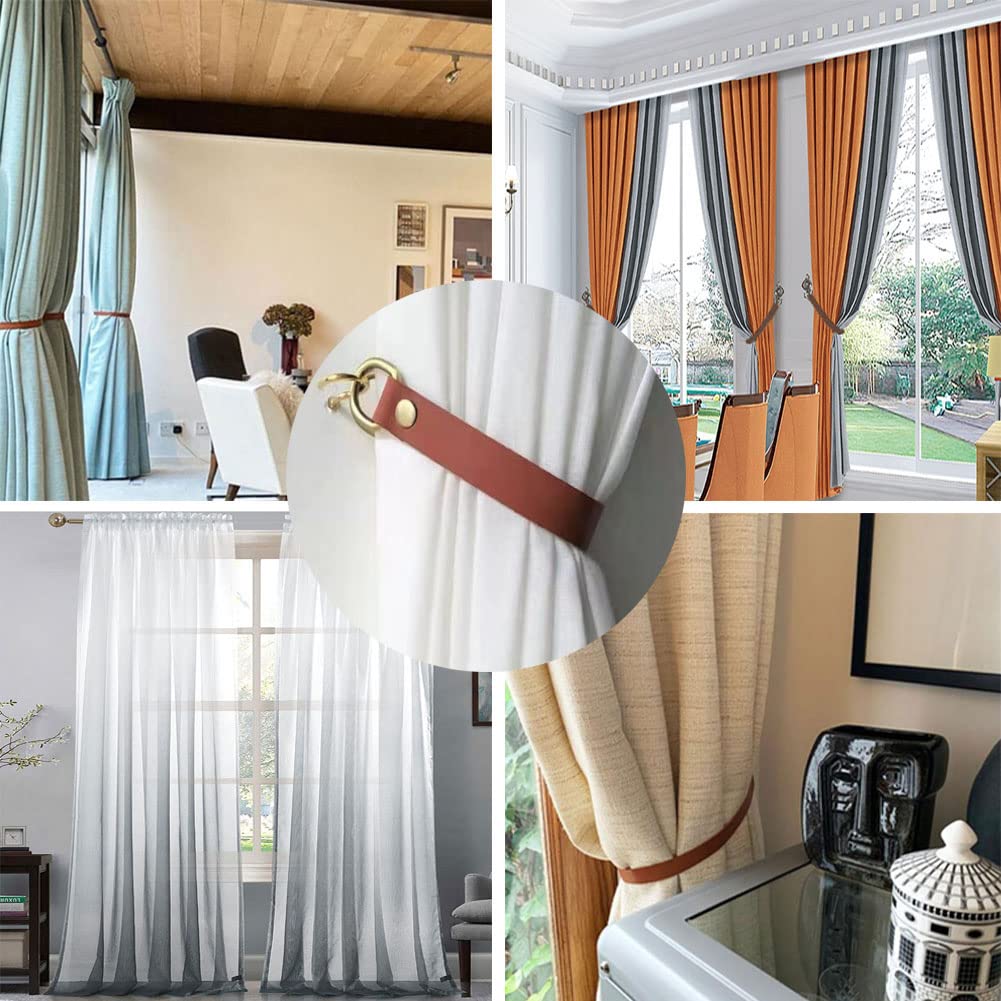 Leather Curtain Tie Backs - 2 Pcs Wall Mounted Curtain Holdbacks with Metal Hooks, Leather Drapery Tiebacks for Living Room Bedroom Cafe, Vintage Curtain Tie Backs for Thick/Thin Curtains (Red Brown)