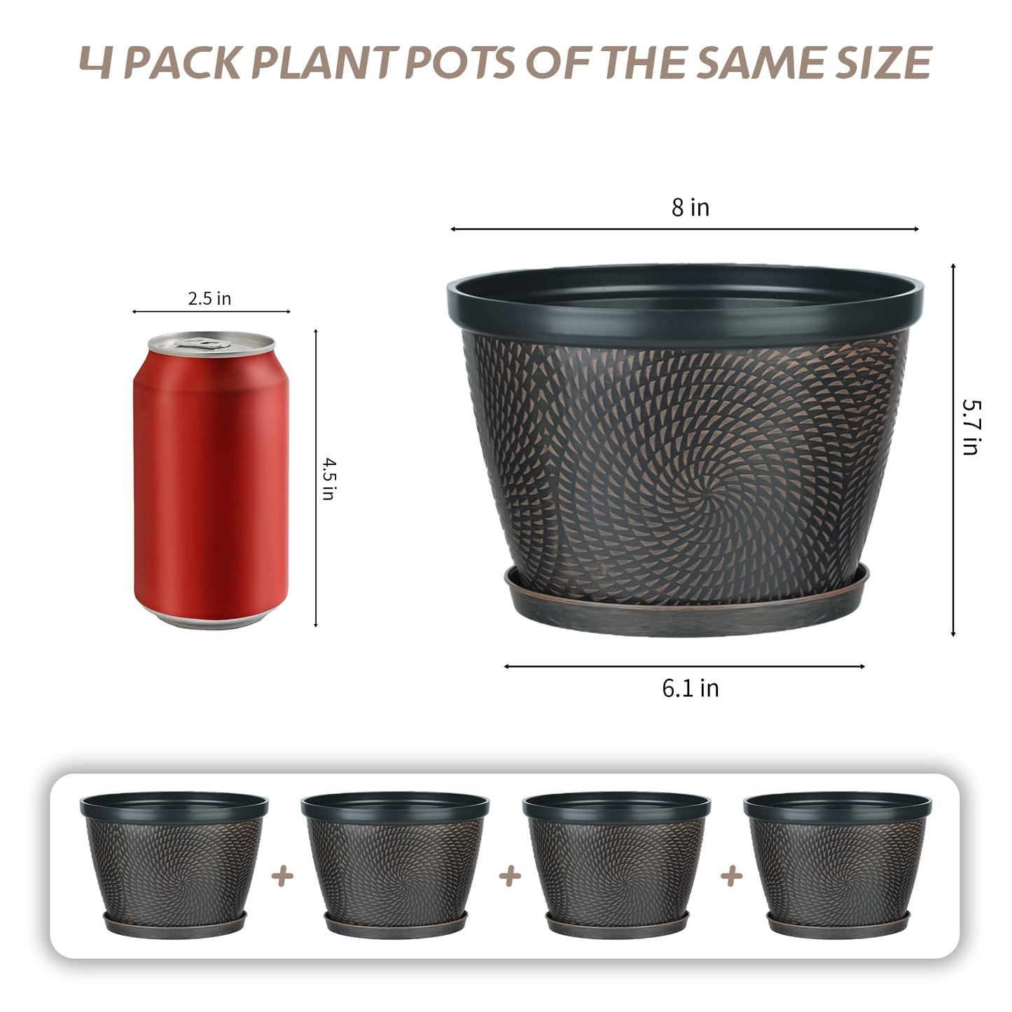 Quarut 4 Pack 8 Inch Flower Pots for Outdoor Indoor, Plastic Plant Pots with Drainage Hole & Saucer, Lightweight Small Flower Pot, Circle Pattern Planters for Garden House planters（Brown）