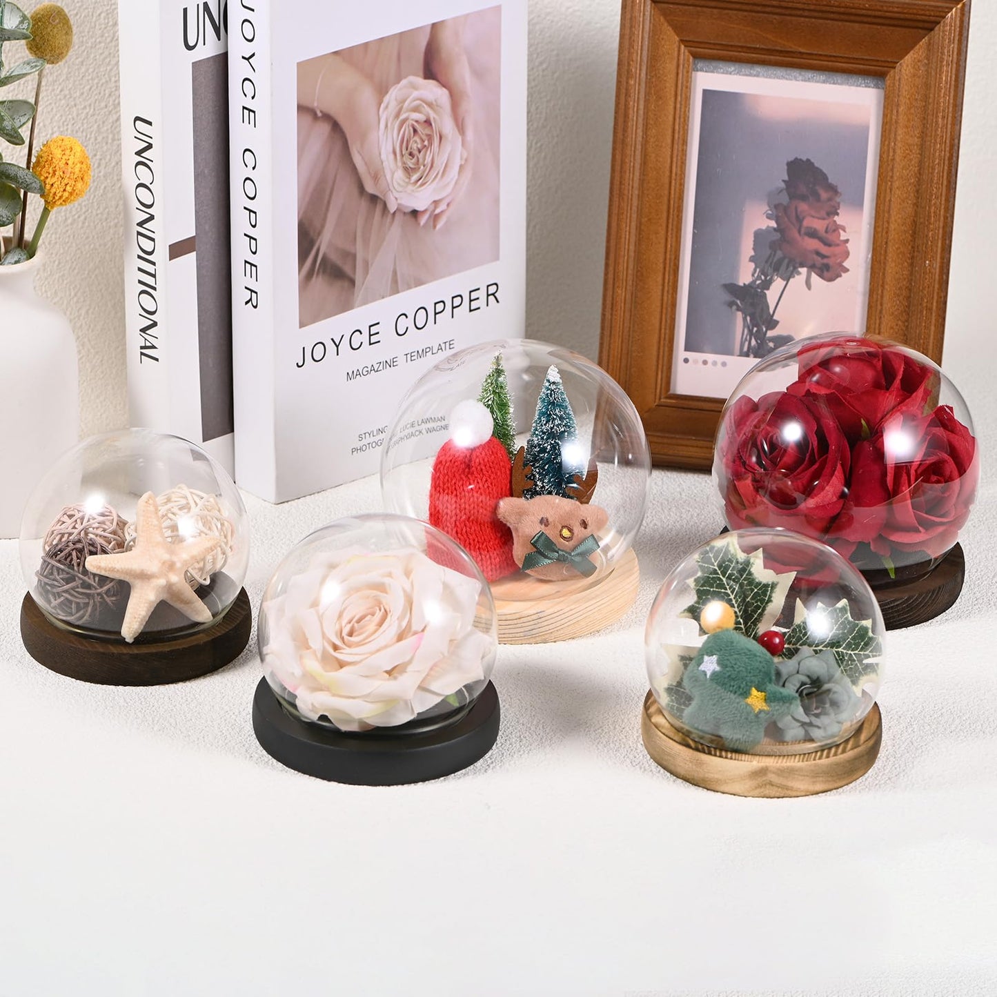 M METERXITY Cloche Glass Dome, D3.9In Ball Jar with Wooden Base for DIY Snow Globes/Small Plants/Flowers/Candles/Models/Souvenirs, Glass Display Case [Wood]