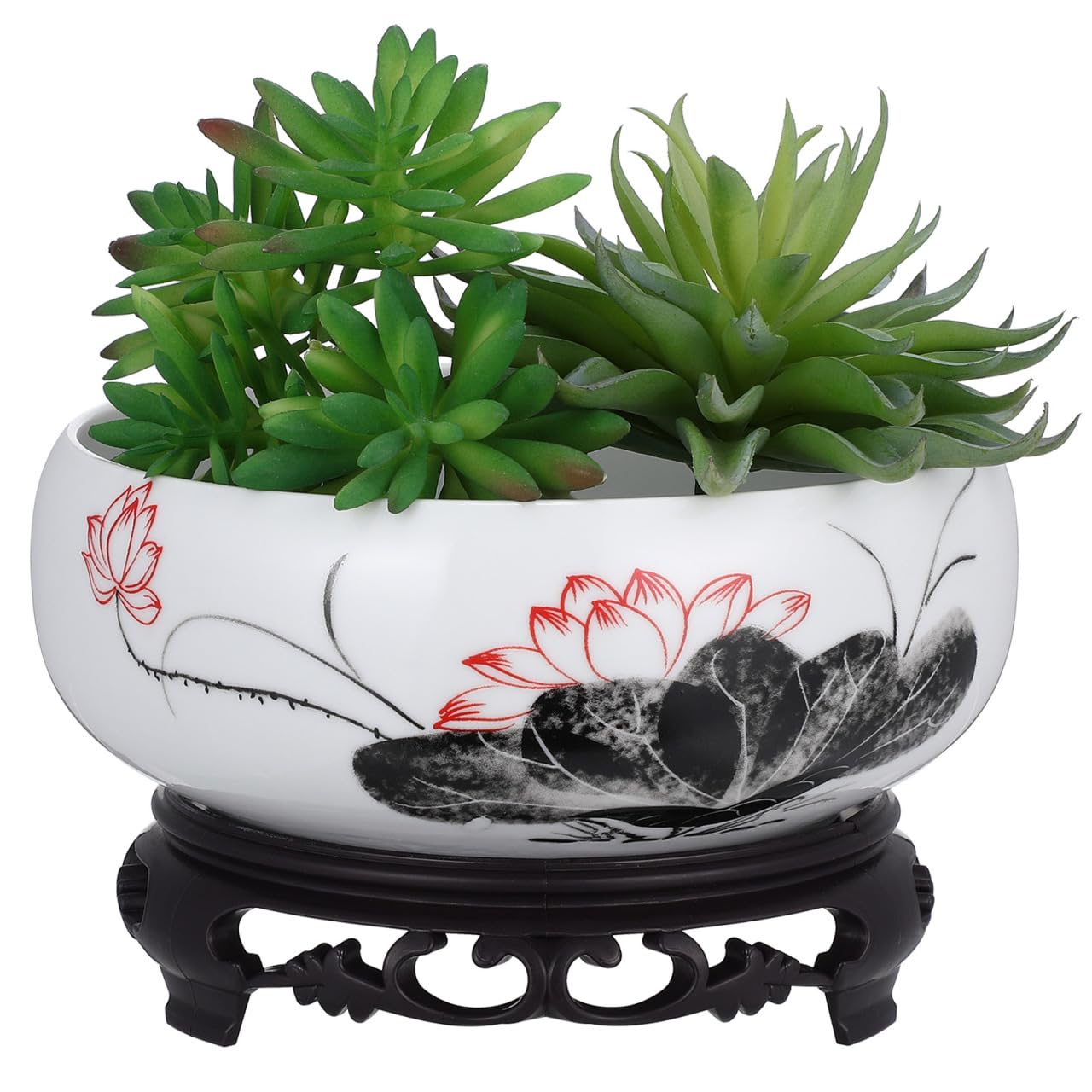 DOITOOL Blue and White Porcelain Lotus Bowl Planter Pot with Stand Ceramic Hydroponic Container for Water Lily Narcissus Bonsai Indoor Home Office Garden Decor