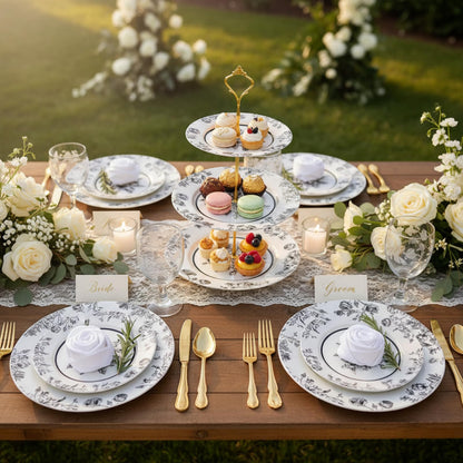 Lallisa Black Floral 3 Tier Dessert Stand 10", 9" and 7" Ceramic Vintage Chinoiserie Tea Party Tiered Tray Cake Stand Display Holder Tower for Halloween Wedding Baby Shower Bridal Shower Tea Party