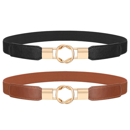 JASGOOD 2 Pack Women Retro Elastic Stretchy Metal Buckle Skinny Waist Belt 1 inch Wide