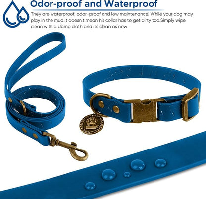 Wisedog Waterproof Dog Collar and Leash Set, M, Blue | Adjustable Puppy Collar, Cute Tag, 5FT Leash, Includes Poop Bag, For Small Medium Large Dogs