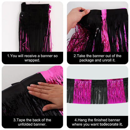 BEISHIDA 3 Packs Metallic Foil Fringe Garland Black Hot Pink Wall Hanging Tinsel Fringe Banners for Car Floats Bridal Shower Wedding Birthday Graduation Holiday Party Decoration(30 Feet)