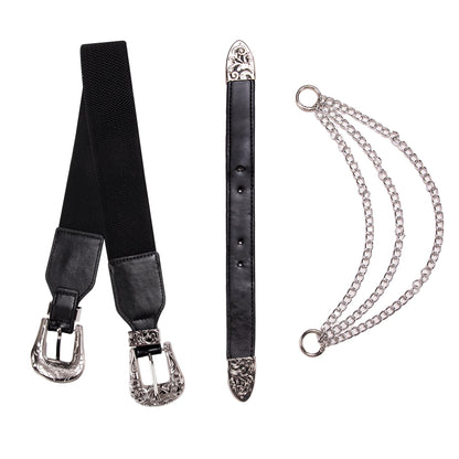 Dubulle Womens Belt Silver Black Chain Leather Belts Vintage Western Adjustable Elastic Double Buckle for Cowboy Pant Dress
