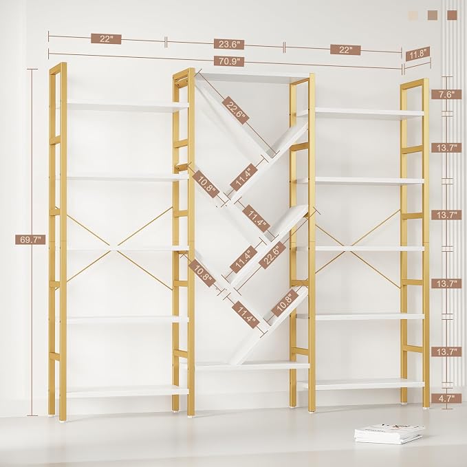 INNOD 70x70” Triple 5 Tier Book Shelf, Large Wooden Bookcase with 17 Open Display Shelf, Modern Tree Bookshelf Metal Frame Tall Book Case Furniture for Living Room Bedroom Home Office White & Gold