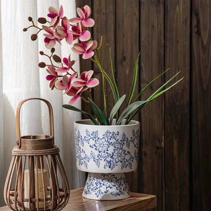 Blue and White Ceramic Flower Pot with Drainage Hole ，Elegant Succulent Plants and Orchid Planters, Home Decor Flowerpots with Tall Cup Shape Suitable for Tiger Tail Orchid and Floral Plants