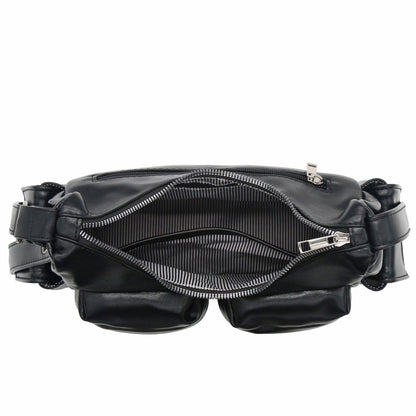 FashionPuzzle Glossy PU Leather Multi Pocket Shoulder Bag Hobo (Black)