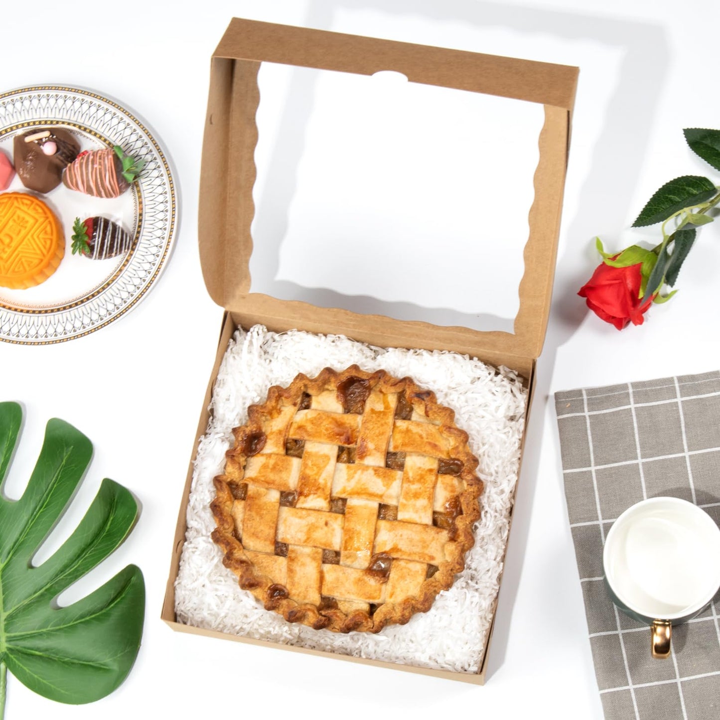 ROSPAKTEK Brown Bakery Boxes with Window (12pcs, 9x9x2.5 Inch) for Christmas: Ideal for Pie, Cookies, Chocolate Covered Strawberries, Breakable Heart & Charcuterie