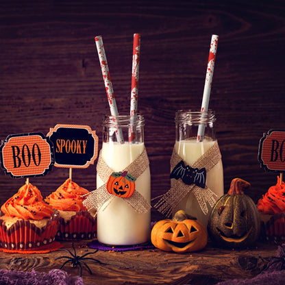 Whaline 200Pcs Halloween Paper Straws - Bloody Handprint Disposable Drinking Straws for Juices, Shakes, Cocktails - Red White Horror Theme Party Supplies Decoration