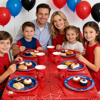 202Pcs Spider Birthday Decorations Party Supplies, Includes Plates Napkins Cups Cutlery Banner Balloons Cake Toppers, Serve 24
