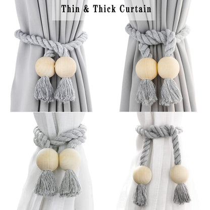 Porlau 4 Pack Grey Magnetic Curtain Tiebacks Cotton Hand Woven Tieback Holdback Decorative Tie Backs for Drapes with Wooden Buckle No Tools Required