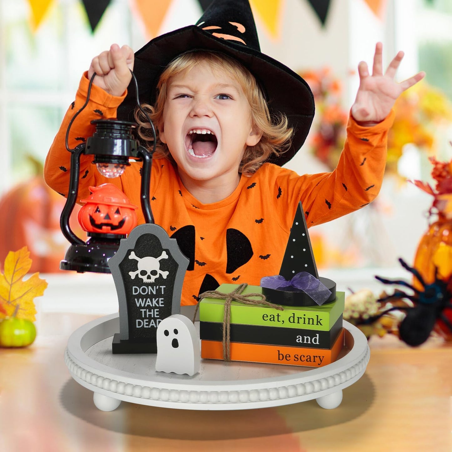 Halloween Decorations 4PCS Table Centerpieces, Cute Tabletop Halloween Decor for Tiered Tray Shelf Mantel Fire Place Office Desk Rustic Farmhouse Wood Faux Book Stack and Witch’s Hat Sign