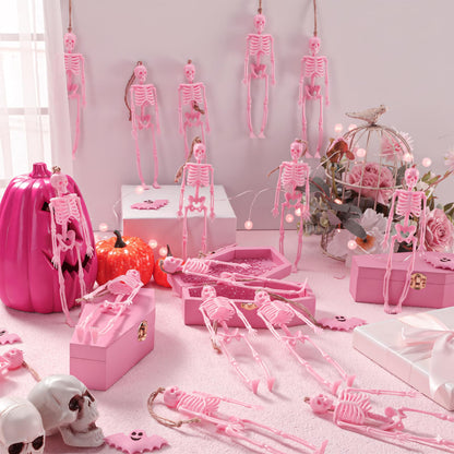 Roowest 36 Pcs Mini Skeleton Figurines Bulk, 6.7 Pink Halloween Skeletons Decor Small Plastic Hanging Skeletons for Halloween Craft Graveyard Haunted House Accessories Party Decor