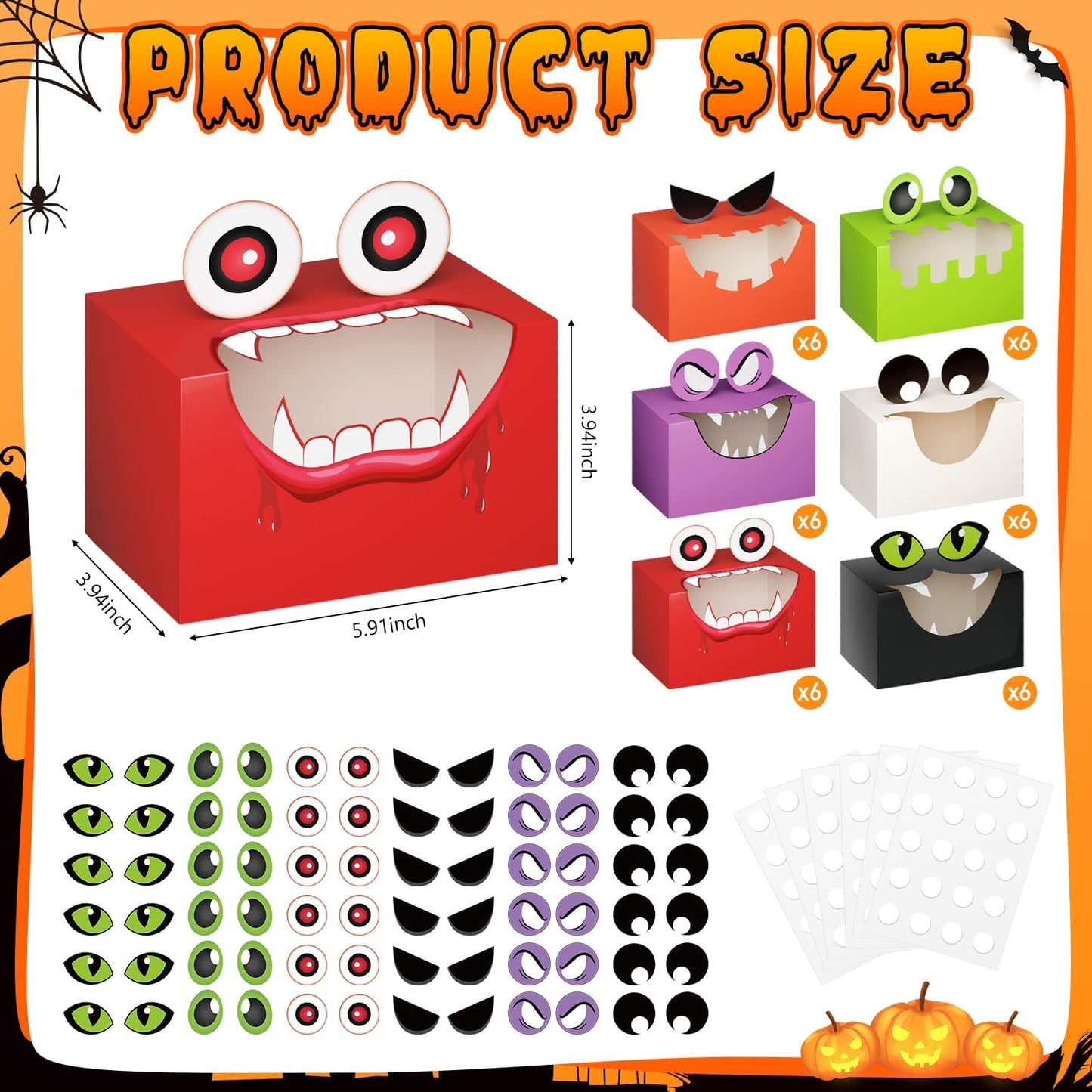 THAWAY 36 Pcs Halloween Treat Boxes with Funny Big Opening Design, Paper Candy Gift Goodie Boxes for Party Favors, Classroom Gift Exchange and Trick or Treating (6 Spooky Designs, 6x4x4 Inches)