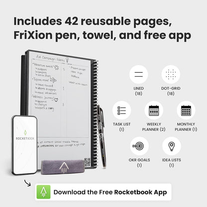 Rocketbook Fusion Reusable Undated Productivity Planner, Letter Size 8.5x11, Teal - Goals, Monthly and Weekly Calendar, Daily To-do List, Lined and Dotted Notes Pages