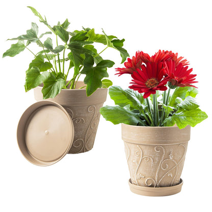 Melphoe Plant Pots Indoor with Drainage & Saucer, 2Pack 8 inch Flower Pots Outdoor Planters for Indoor Plants Garden Home Decor Cactus Succulent, Rigid Plastic (Imitation-Terracotta) Vine-Embossed