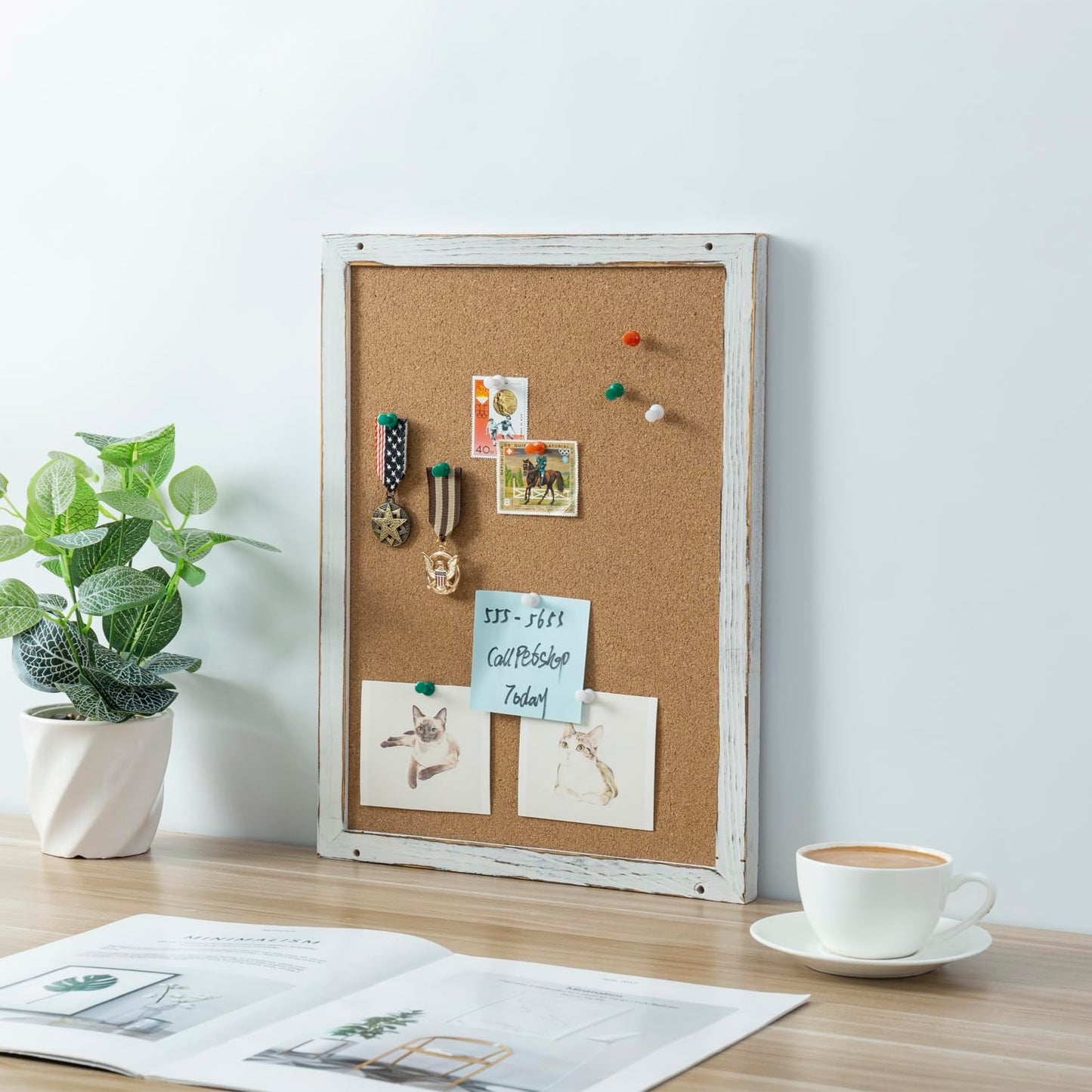 MyGift 3 Panel Wall Mounted Entryway Bulletin Board Combo Set with Shabby White Washed Solid Wood Frame, Chalkboard, Cork Board, Black Metal Mail Basket, and Hanging Rail