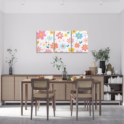 Feelyou Cute Flower 3 Piece Canvas Wall Art for Living Room Bedroom Cartoon Cute Floral Office Decor Artwork Yellow Pink Wall Art for Home Decor Kawaii Picture Posters