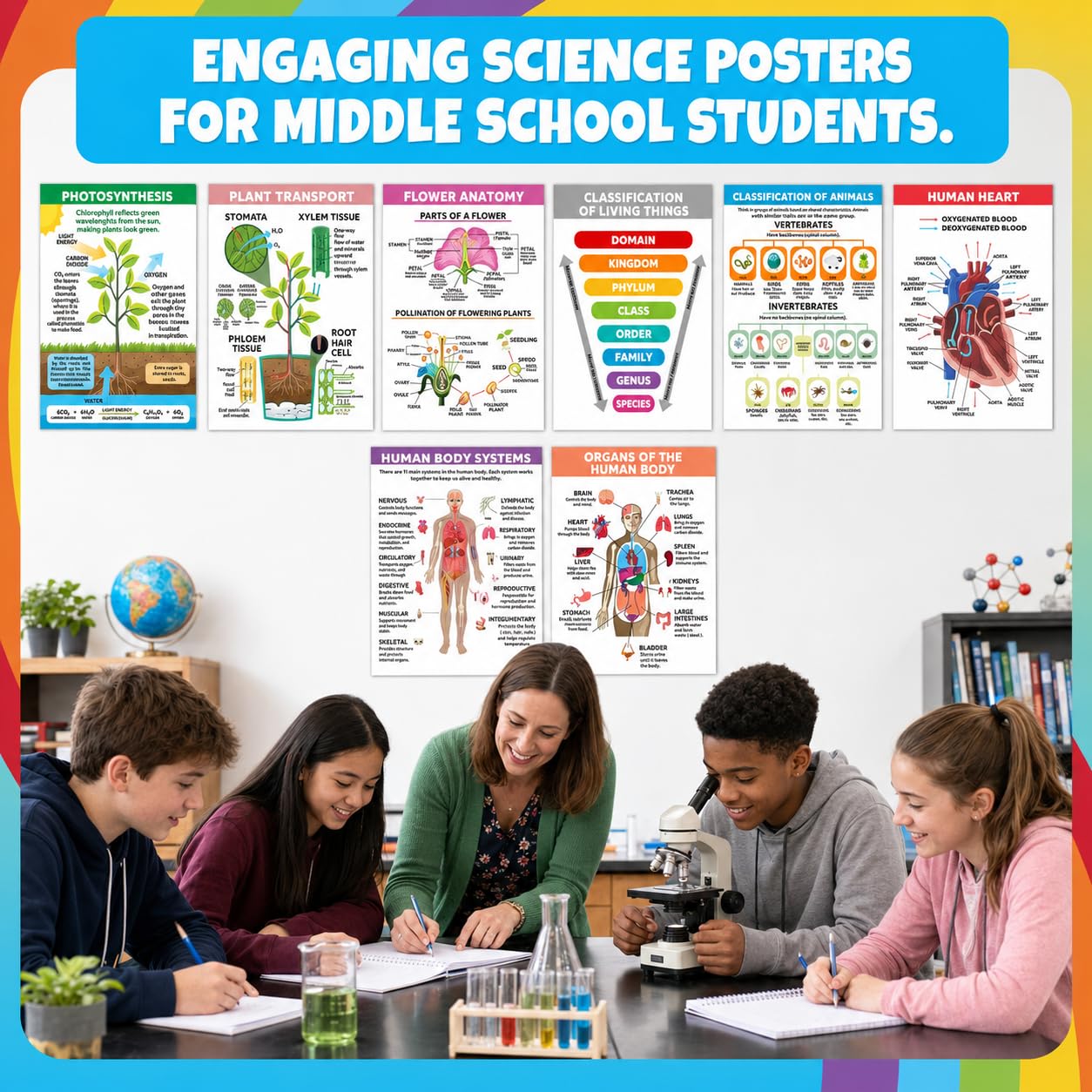 Sproutbrite 8 Pack 12” x 16” Educational Plant Cells & Human Body Science Posters for Classroom - Biology & Life Science Charts and Wall Decor for Pre, Elementary, Middle & Homeschool - Covers Essential Biology, Human Anatomy, and Life Science Topics