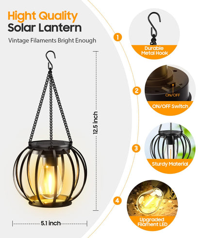 KOOPER Solar Lanterns Outdoor Waterproof, Upgraded Metal Hanging Solar Lights Outdoor Lanterns, Brighter Auto On/Off Outdoor Hanging Lantern for Yard Patio Pathway Porch Garden Decor 2 Pack