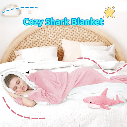 Shark Blanket Onesie for Adult Super Soft Cozy Flannel Throw Wearable Blanket Hoodie, Cartoon Animals Shark, Sleeping Bag Cosplay Shark Costume Blanket Gifts for Shark Lovers (Pink,S)