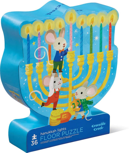 Crocodile Creek 36-Piece Jigsaw Floor Puzzle with Heavy-Duty Shaped Box for Storage, Large 20" x 16" Completed Size, Designed for Kids Ages 3 Years and up, Hanukkah Lights