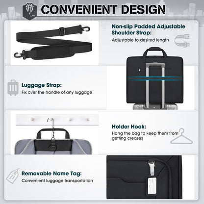 RAINSMORE Garment Bags for Travel Carry On Garment Bag for Hanging Clothes, Suit Bag for Business Trips with Shoes bag & Shoulder Strap, Waterproof Foldable Suit Luggage Bag for Men Women, Black