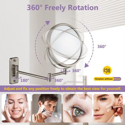 ALHAKIN 9" Wall Mounted Lighted Makeup Mirror, Large Rechargeable 1X/10X Magnifying Mirror with 3 Color Lights Dimmable, 360° Rotation, Nickel