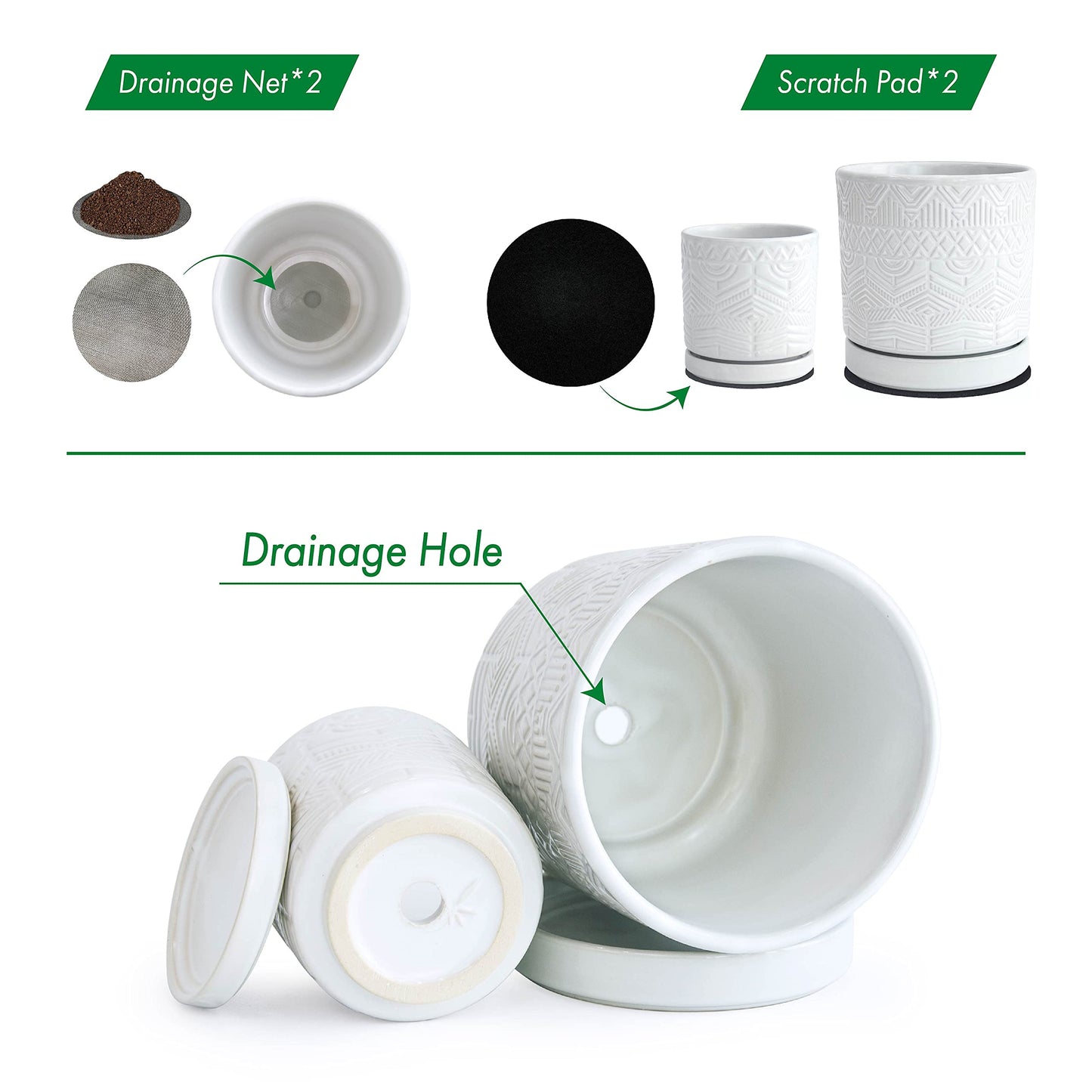 D'vine Dev Set of 2 Modern Matte White Floral Embossed Ceramic Planter Pot with Saucer and Drainage Hole, 4 Inch & 6 Inch, 99-C-1-M