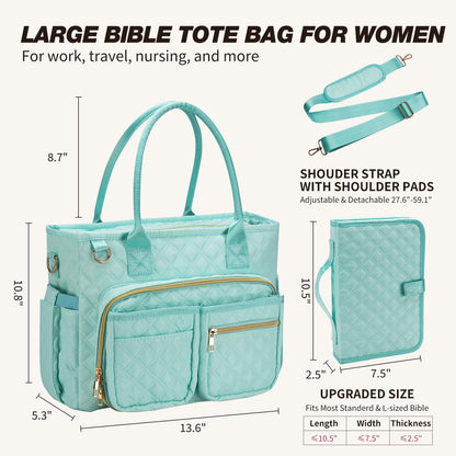 KOPKOFT Large Bible Cover Case for Women, Quilted Church Tote Bag with Shoulder Strap, Bible Study Supplies Journaling Kit Bible Accessories, Christmas Christian Gift for Women (Blue Green)