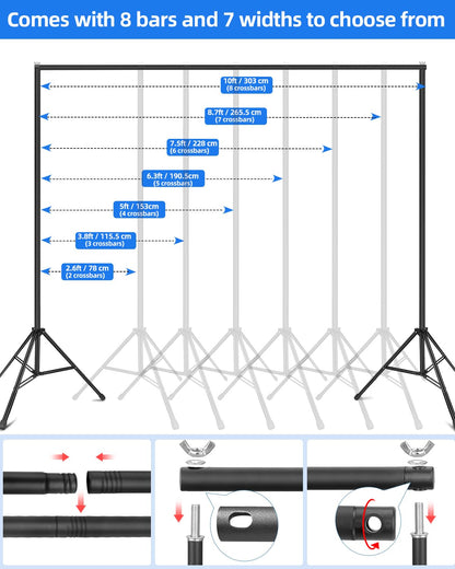 Hemmotop Backdrop Stand 10x8ft (WxH), Photography Background Stand for Parties, Adjustable Photo Backdrop Stands Kit for Wedding, Photo Booth, Party, Decoration, Balloon, Projector Screen