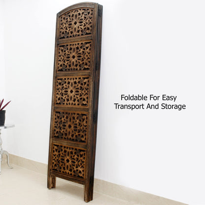 Room Divider Wood Screen - Rajasthan Antique Brown - 4 Panel Folding 72 x 80 - Intricate Hand Carved Decorative Functional Versatile Portable Partition Reversible Freestanding Privacy - COTTON CRAFT