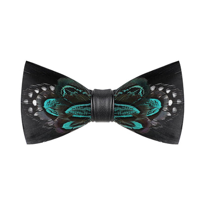 OhMill Men’s Handmade Feather Bow Tie Adjustable Leather Pre Tied Bowtie and Brooch Sets for Weddings Groom Prom Parties
