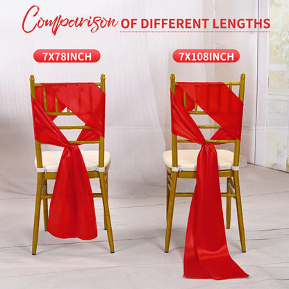 LOKUME 100 PCS Satin Chair Sashes Bows, Red Ribbon Ties Back Sash for Wedding Birthday Banquet Party Hotel Event Cover Decoration (7 x 78 Inch)