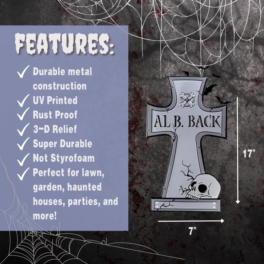 3-D Metal Halloween Ghost XL 17" Tombstone w Stakes -AL B Back- Durable, Rustproof, UV Raised Printing- Upgrade Your Haunted House Mansion Cemetary Lawn Decor- No More Flimsy Foam Graveyards