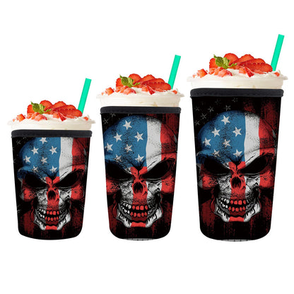 AMZXCFGL 3 Pack Reusable Neoprene Insulator Sleeve for Iced Coffee Cups, Cute Funny Coffee Cup Sleeve, Universal Fit 16-32oz Cups for Hot Cold Beverages Cute Skull Flag