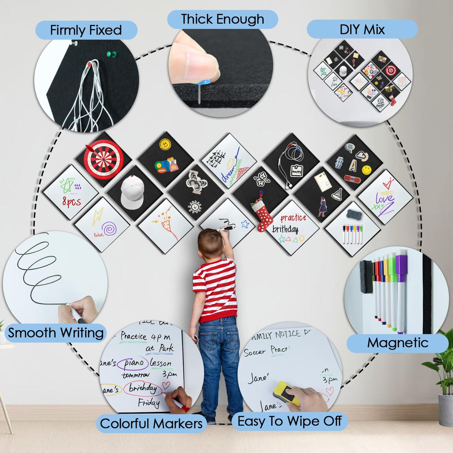 BXI Magnetic Dry Erase Whiteboard & Felt Bulletin Board with Pins Combo, 16 Pcs 12 X 12 X 3/8 Inch Self-Adhesive Vision Display Tiles, Note Memo Panels for Home School Education Office Wall Decor