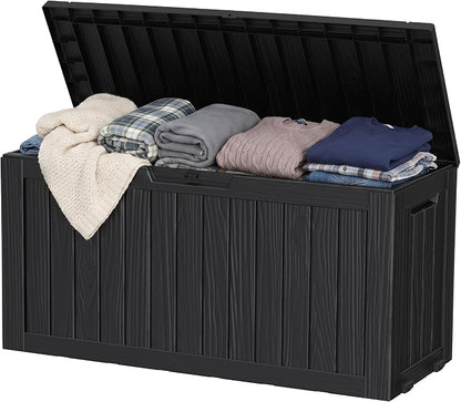 ROJIK 95 Gallon Outdoor Storage Box Waterproof,Weatherproof Deck Boxes Outdoor Lockable,Resin Outside Storage Box for Garden Tools,Cushions,Pool Accessories(Black)