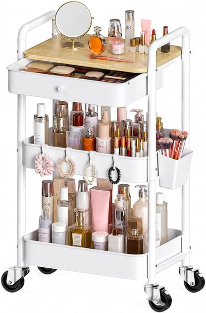 3 Tier Metal Rolling Cart with Drawers, Makeup Organizer Cart with Wheels for Skin Care/Lash/Hair Product/Perfume, Esthetician Pedicure Carts for Nail Techs, Vanity, Bathroom,Craft Storage Carts,White