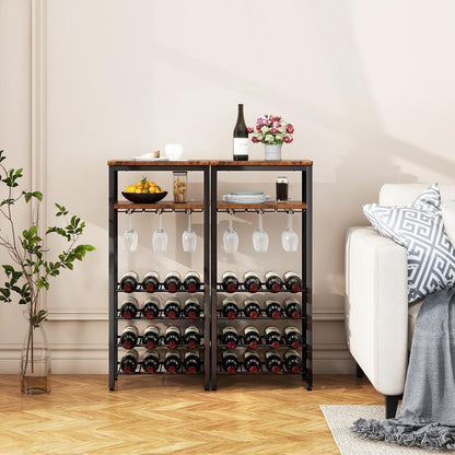 IBUYKE Wine Racks Freestanding Floor,Liquor Bottle Holder,16 Bottles Wine Cabinet with Glass Holder,Wine Holder Display,Mini Wine Bar Table for Living Room,Kitchen Pantry,Dining Room,Brown UTMJ907H