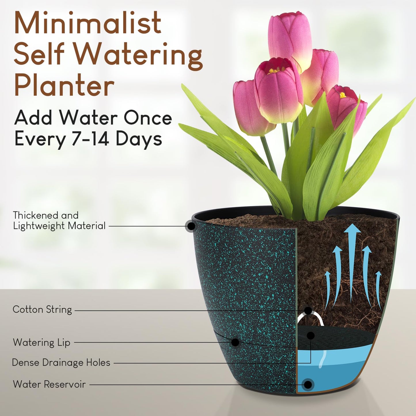 YNNICO Plant Pots 10/9/8/7.5/7 inch, Self Watering Planters with Drainage Holes & Saucers for Indoor and Outdoor Plants (Green Speckles)