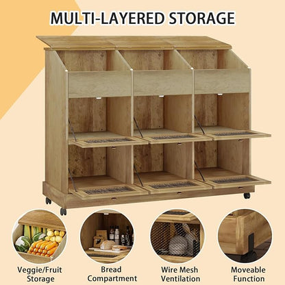 Triple Potato and Onion Storage Bin with Wheels, 3 Tier Wooden Potato Storage Cabinets with Mesh Doors, Farmhouse Movable Fruit and Vegetable Box, Wood Bread Box for Kitchen (Triple Brown)