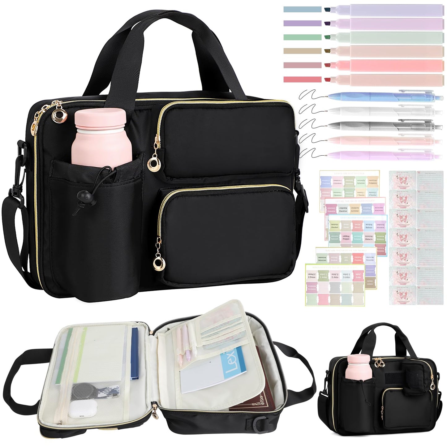 Bible Cover Case for Women, Large Bible Bag with Removable Pencil Case, Water Bottle Pocket and Shoulder Strap for Bible Study Supplies, Church Carrying Journaling Kit, Christian Gift for Women