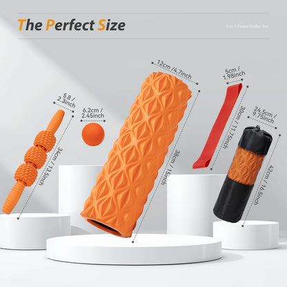 5 in1 Foam Roller Set, Trigger Point Foam Roller, Massage Roller Stick, Massage Ball, Resistance Band for Deep Muscle Massage Pilates Yoga,Fitness Exercise for Whole Body (Black-Red)